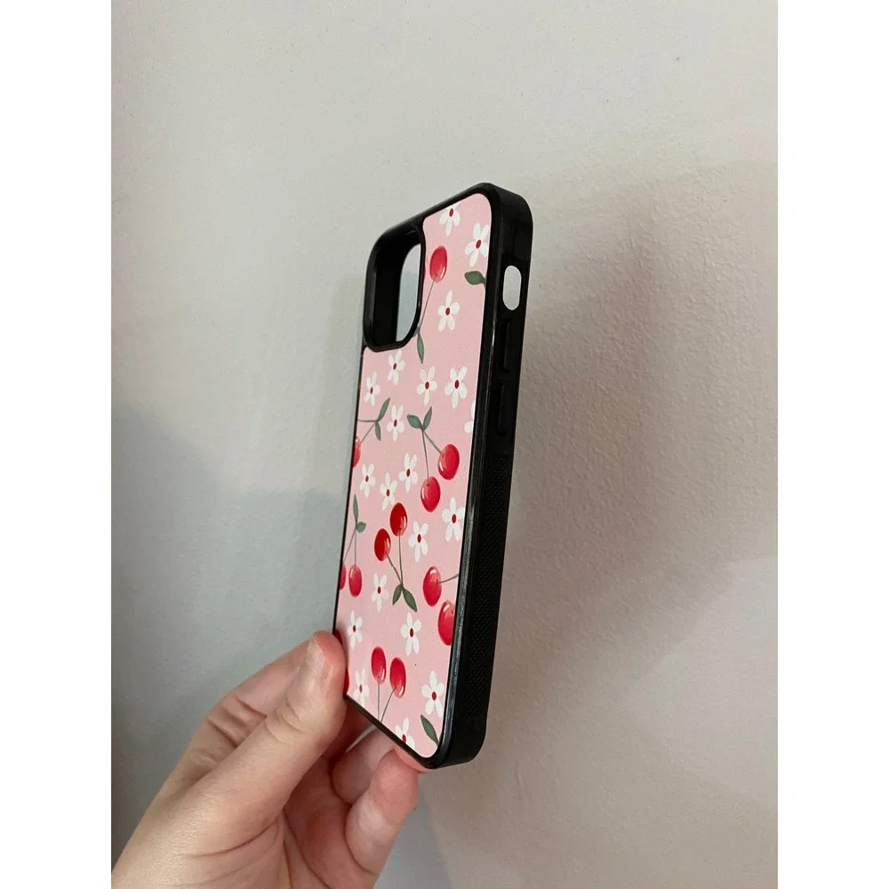 Phone Case iPhone 13 Mini Pink Cherry Floral Print Black Bumper Protective Cover